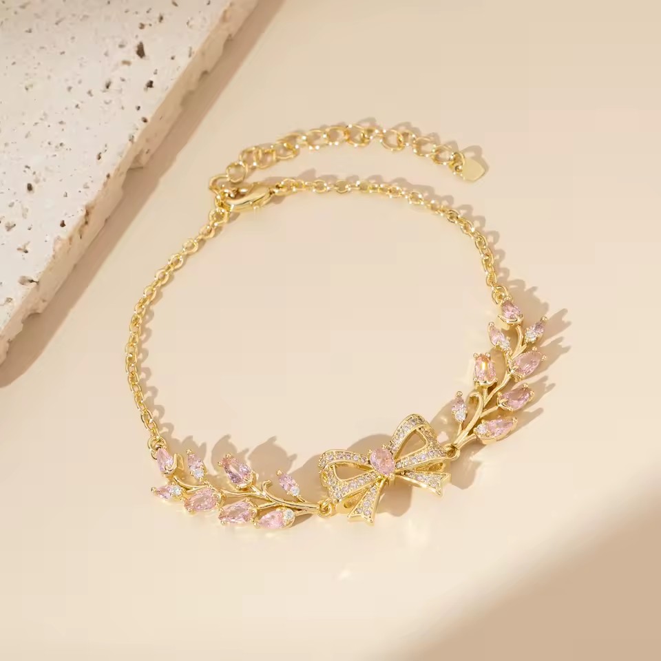 Fanhua Jewelry Waterproof Tarnish-Free Dainty Stainless Steel 18K Gold Plated Bow Pink Zircon Tulip Flower Bracelet