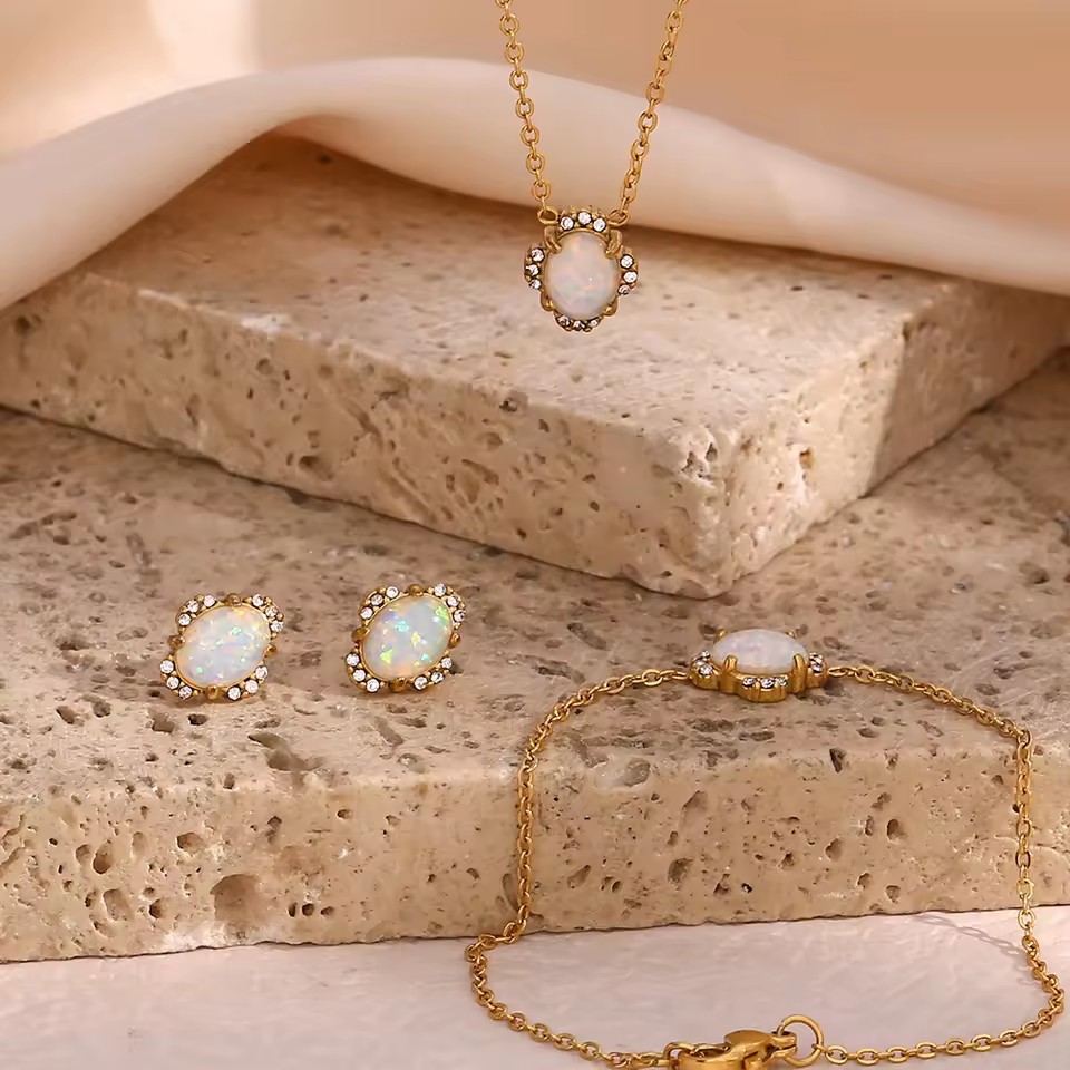 Necklace 2024 New Arrivals White Opal Jewelry Set 18K Gold Plated Stainless Steel Wedding Jewelry Sets Collier Acier Inoxydable
