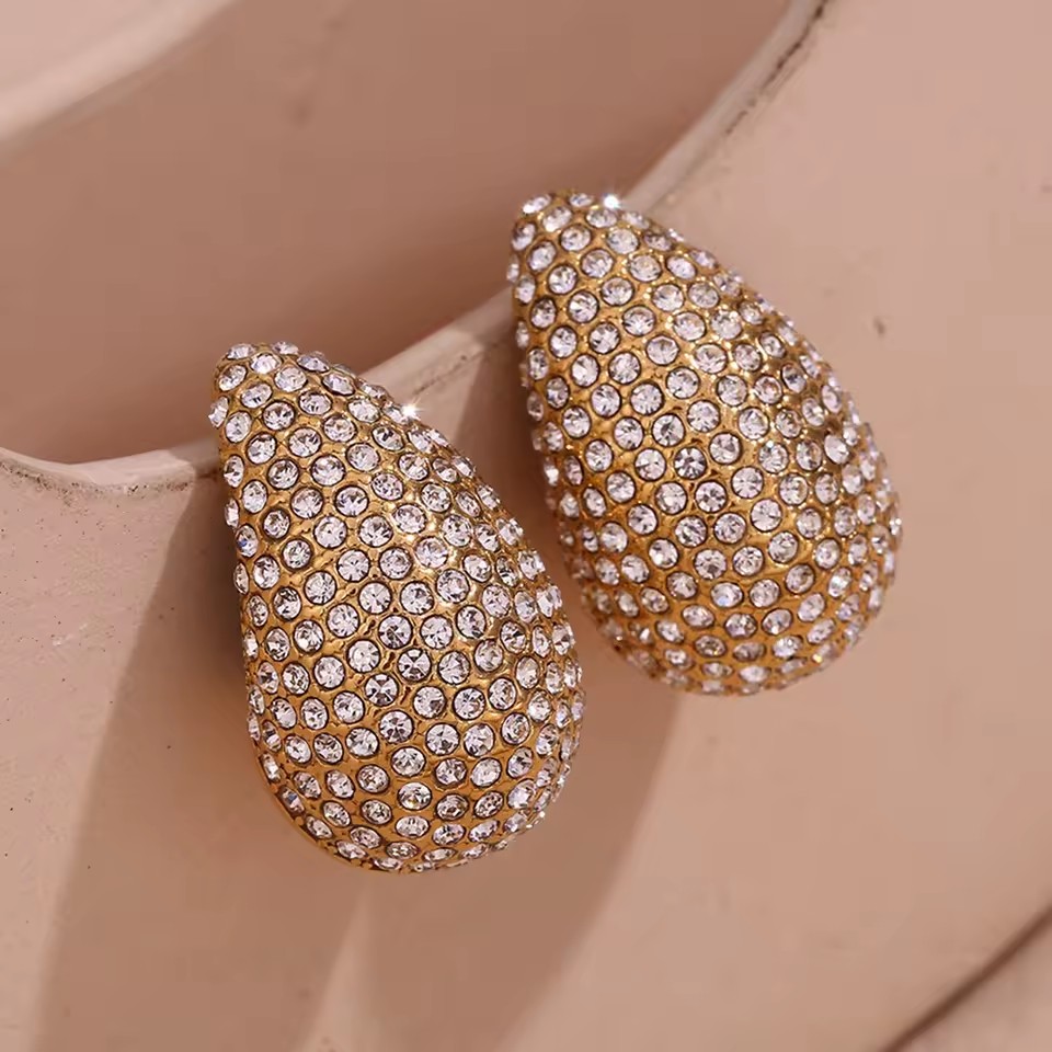 Fanhua Earring Luxury Shining Zircon Jewelry Hollow Water Drop Stud Earrings for Women Gold Plated Stainless Steel Jewelry