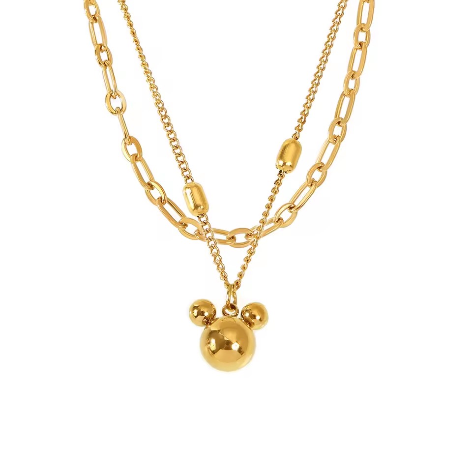 Fanhua Jewelry Mickey Pendant Double Layered Necklace Sweet Stainless Steel Plated 18K Gold Jewelry
