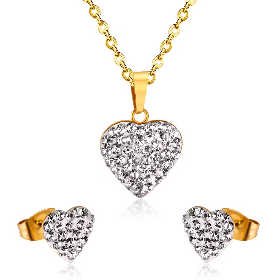 Asonsteel Stainless Steel Jewelry Antiallergic Pendant/earring Set 18k PVD Gold Plated Heart Shape 3pcs Crystal Jewelry Set