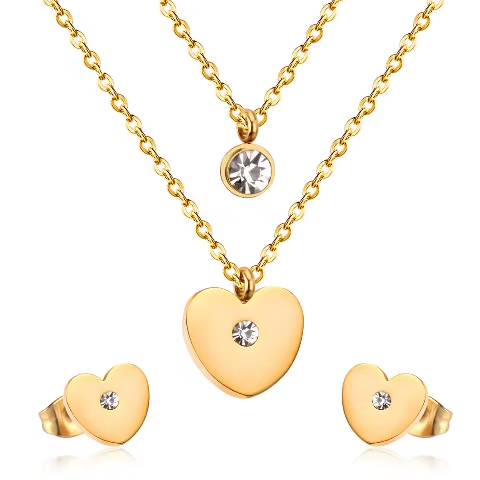Stainless Steel Gold Plated Heart Wedding Jewelry Sets for Bride Guangzhou Fashion Wedding Jewelry Sets Dubai Bridal