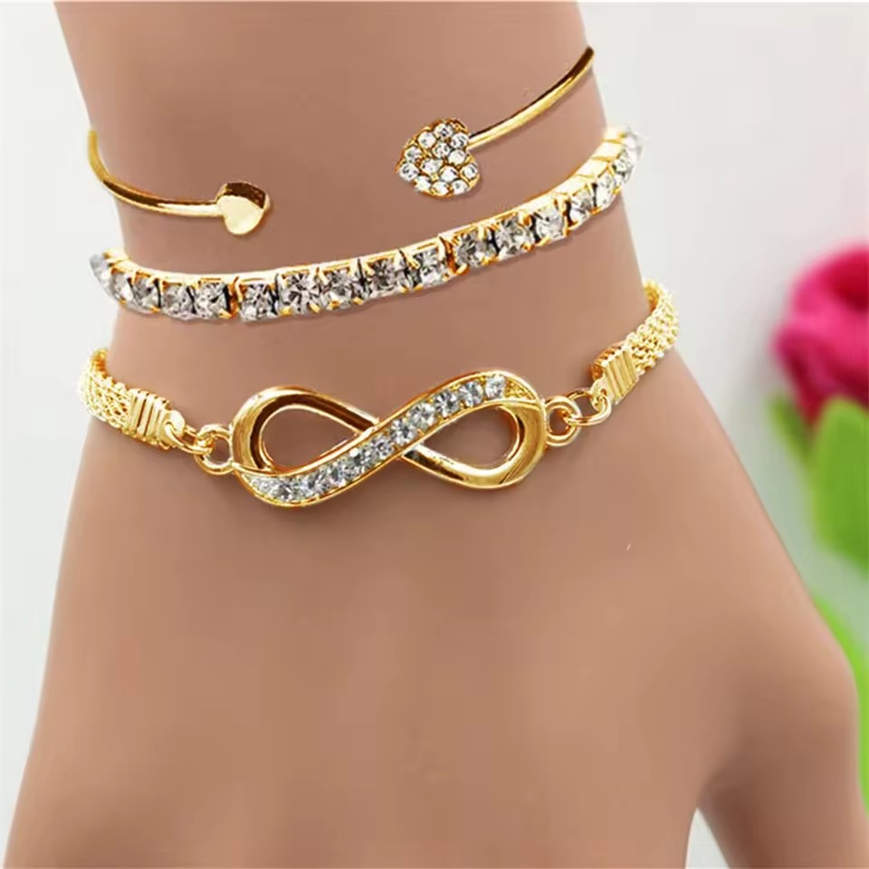 SL164 New Arrived 3 Pcs/Set Fashion Gold Plated Zircon Infinity Pattern 8 Number Ajustable Bracelet Set for Women Jewelry