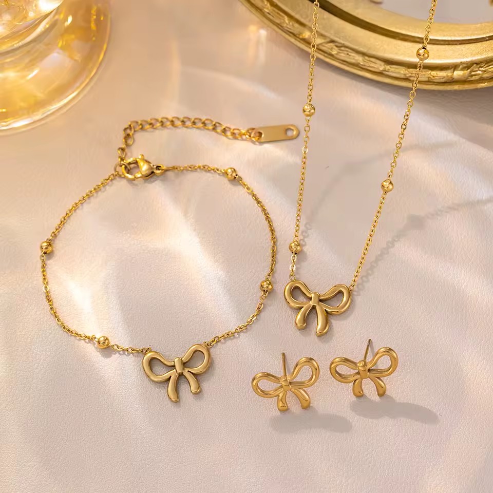 TZ032 Bow Jewelry Set - Matching Necklace, Bracelet & Stud Earrings in Gold Plated Stainless Steel, Elegant Gift for Her