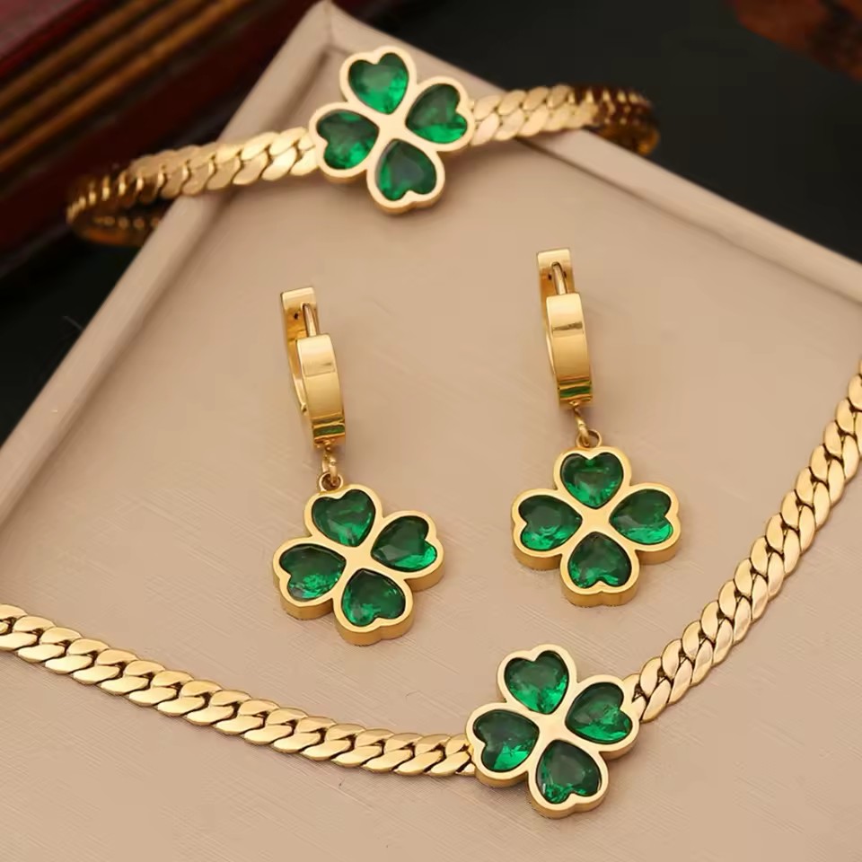 TZ013 Lucky Flower Stainless Steel Jewelry 18K Gold Plated Green CZ Necklace Bracelet Earrings Set Non Tarnish