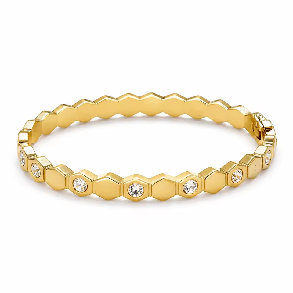 Cuff 18K Gold Plated Stainless Steel Zircon Starry Sky Waterproof for Women Hexagonal Honeycomb Bracelet