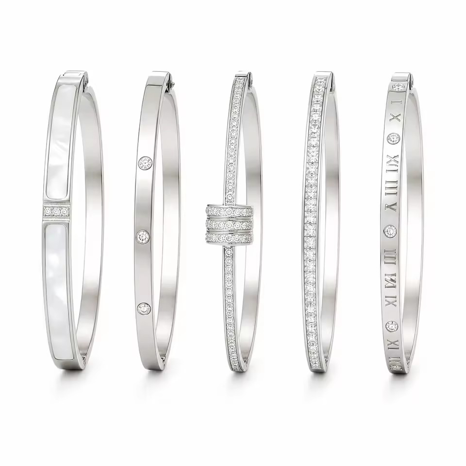 18k Gold-plated Women's Stainless Steel Bangle with Shell Inlay, Zircon, Roman Numerals, and Nail Design