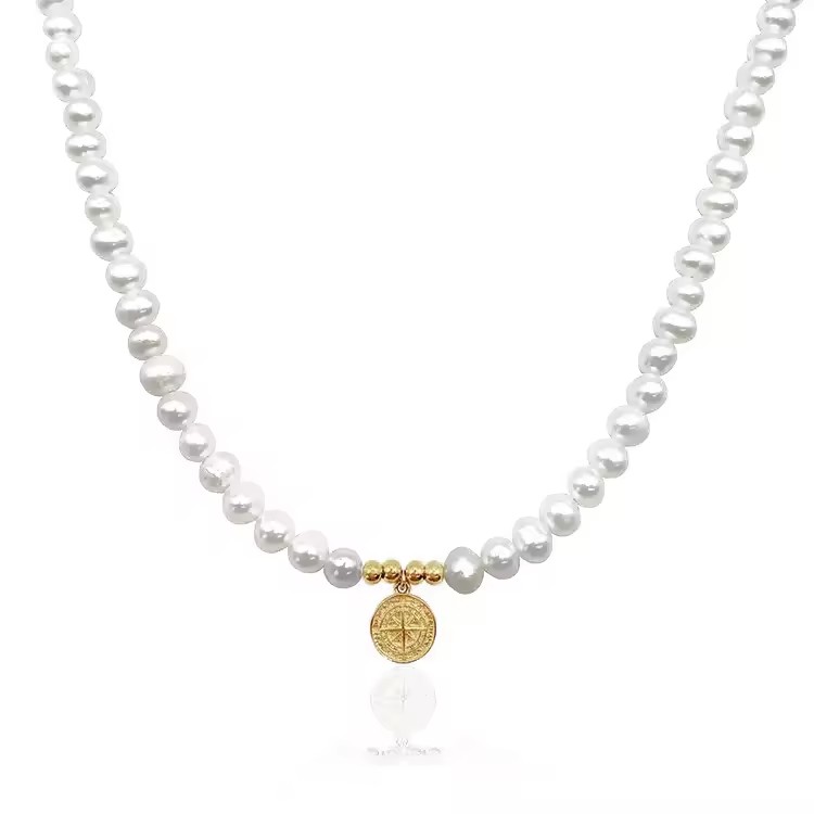 Wholesale Fashion Jewelry Gold Plated Stainless Steel Crucifix Compass Freshwater Pearls Choker Necklaces for Men