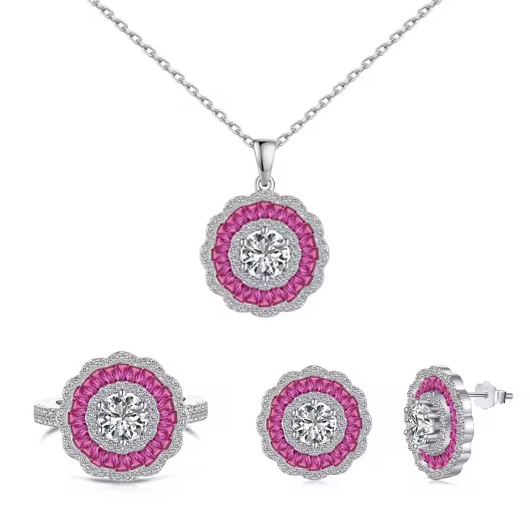 Customized S925 Sterling Silver Iced Halo Oval Ruby Pink CZ Zirconia Pendant Necklace Earring Ring Jewelry Set Silver Engagement