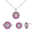 Customized S925 Sterling Silver Iced Halo Oval Ruby Pink CZ Zirconia Pendant Necklace Earring Ring Jewelry Set Silver Engagement