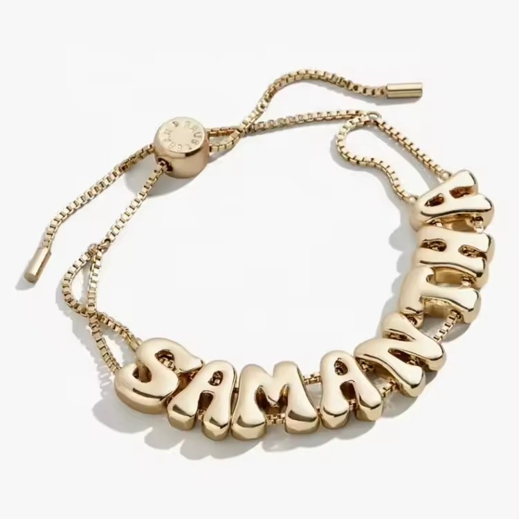 Wholesale Customized Fashion Jewelry Gold Plated Adjustable Brass Chain Bubble Letter Bar DIY Name Bracelet for Women