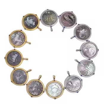 Nature MOP Mother of Pearl Shell 12 Constellations Gold Plated 925 Sterling Silver Birthstone Zodiac Sign Coin Pendant Necklace