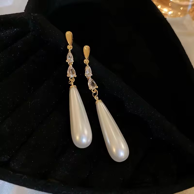 Elegant Teardrop Pearl Dangle Earrings CZ Exquisite Gold Color Plated Long Drop Earrings Wedding Bridal Jewelry for Women Party