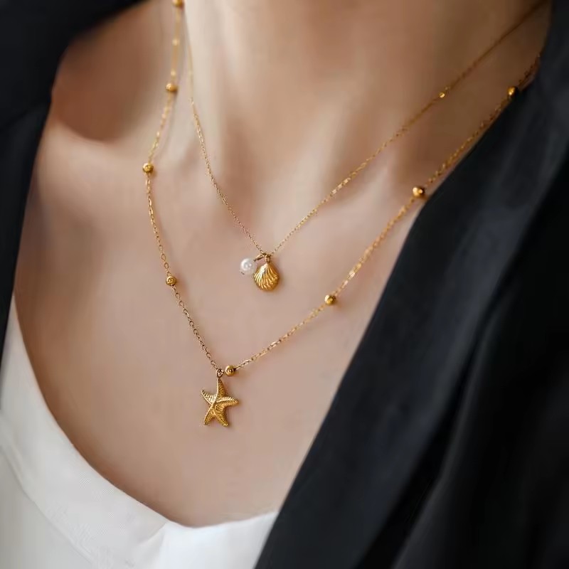Wholesale Stainless Steel Double Layer Ocean Clavicle Necklace, Shell Starfish Pearl Stackable Jewelry for Women