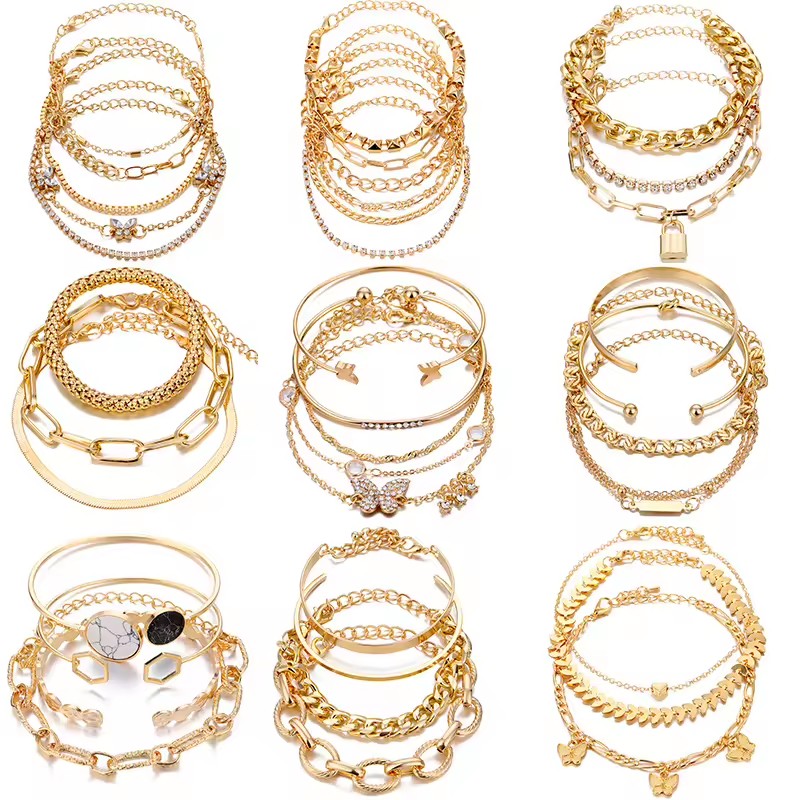 IFKM 6-Piece Bohemian 14K Gold Plated Alloy Multi-Layer Stackable Adjustable Cuban Link Chain Bracelets Women's Italian Gift