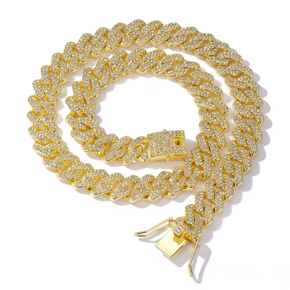 18K Gold Plated Cuban Link Chain & Bracelet with Bling Diamond 45cm Zinc Alloy Hip Hop Jewelry for Unisex Gift