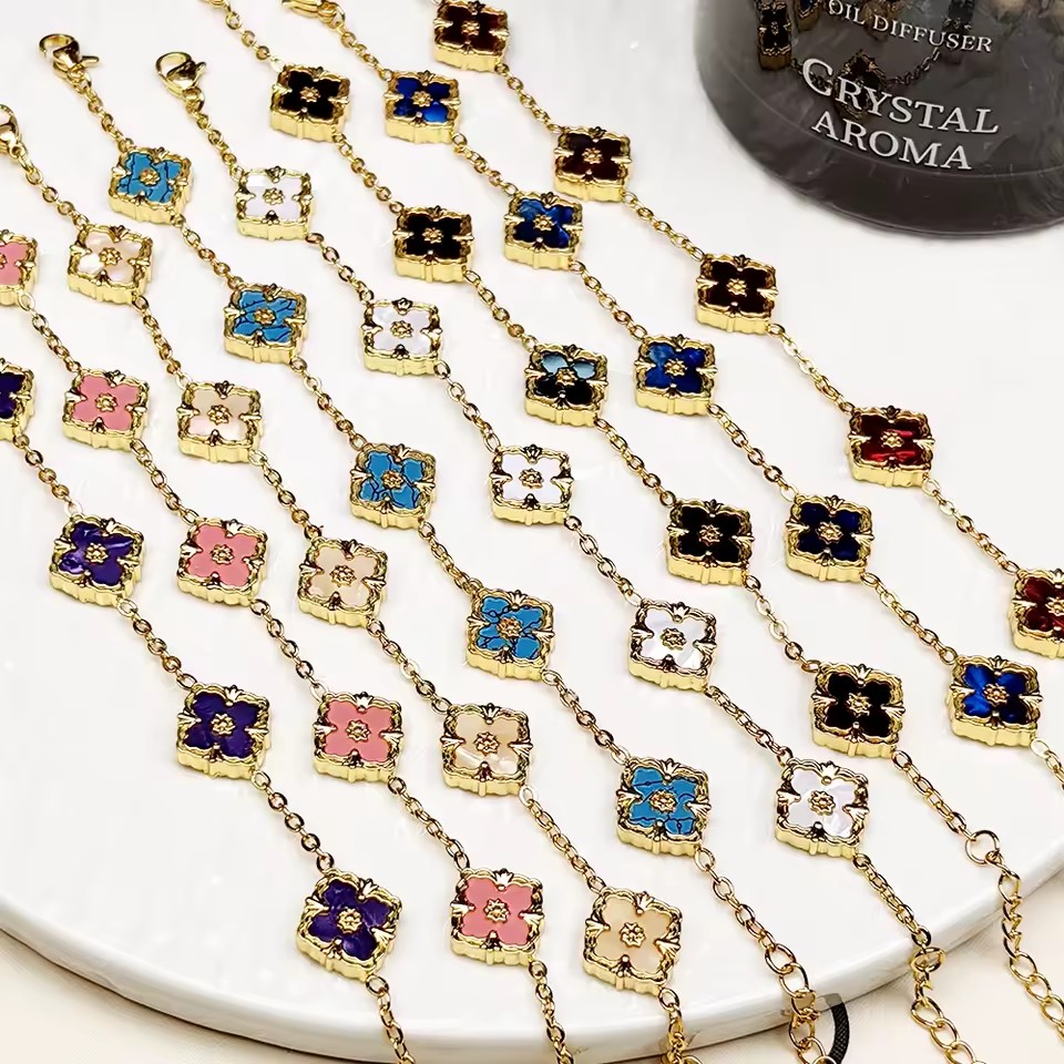 Unisex Double-Sided Four-Leaf Clover Stainless Steel Chain Link Crystal Rhinestone Bracelet Light Luxury Gradient Color Lucky