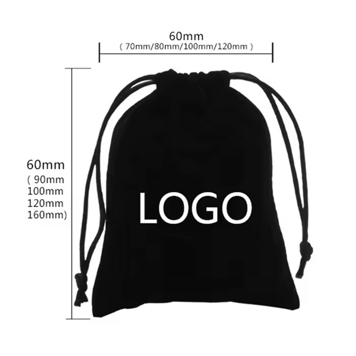 Luxury Black Velvet Drawstring Pouch with Custom Logo for Elegant Jewelry & Gift Packaging