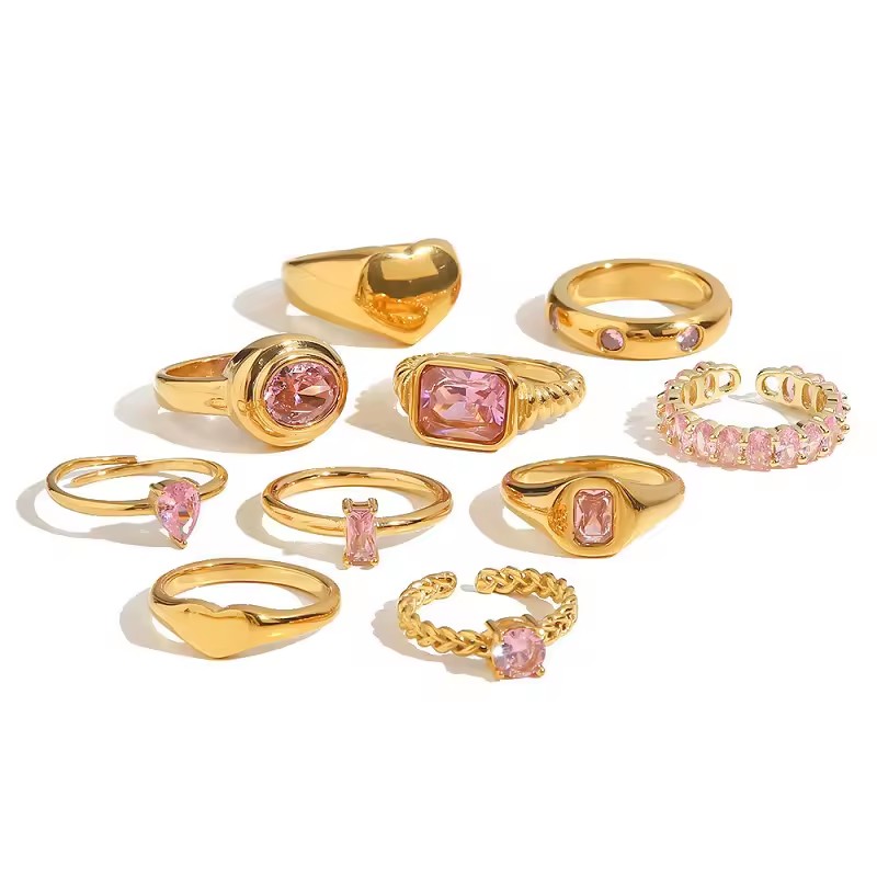 Wholesale Custom 18k Gold Plated Zircon Jewelry Finger Resizable pink Zirconia Stainless Steel Rings Women