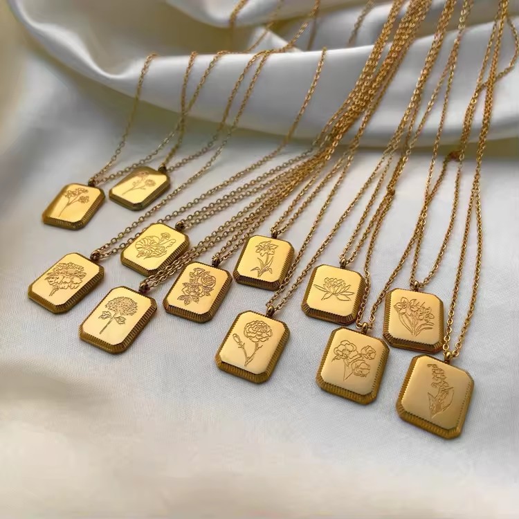 Chinese Jewelry Wholesale 18k Gold Plated square Pendant Birth Month Flower Necklace Stainless Steel