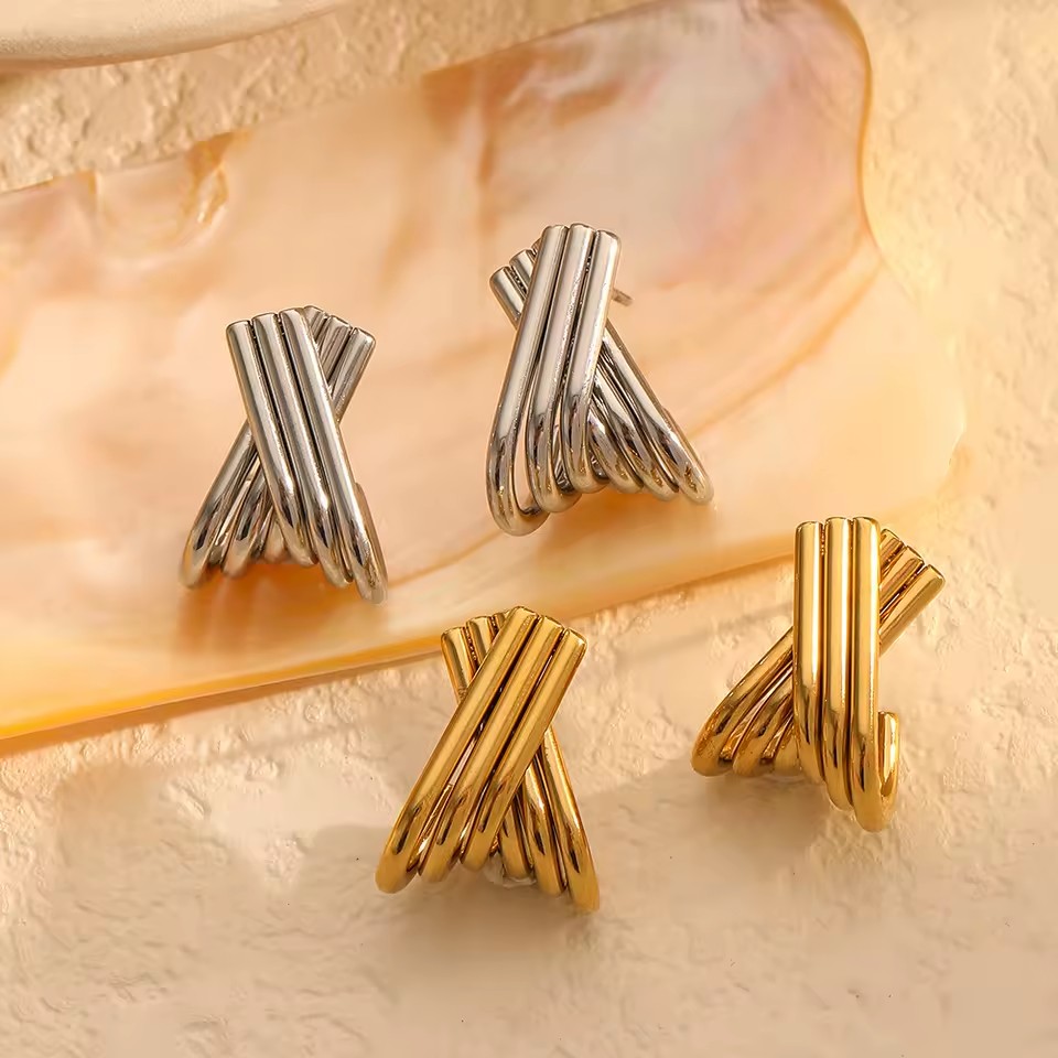 Trendy X Shaped Stainless Steel Stud Earrings 18k Gold Plated Simple Line Stud Earring Fashion Jewelry Everyday Wear