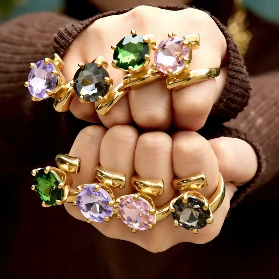 Luxury Waterproof Single Cubic Zircon Cocktail Ring Multi-Color 18K Gold Plated Sparkling Cocktail Ring for Women