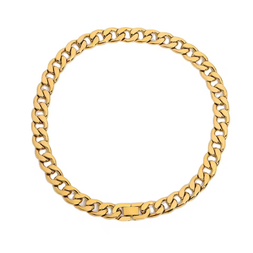 12mm Cuban Neck Chain Fashion Steel Jewelry Luxury Design 18k Gold Plated Stainless Steel Choker Necklace