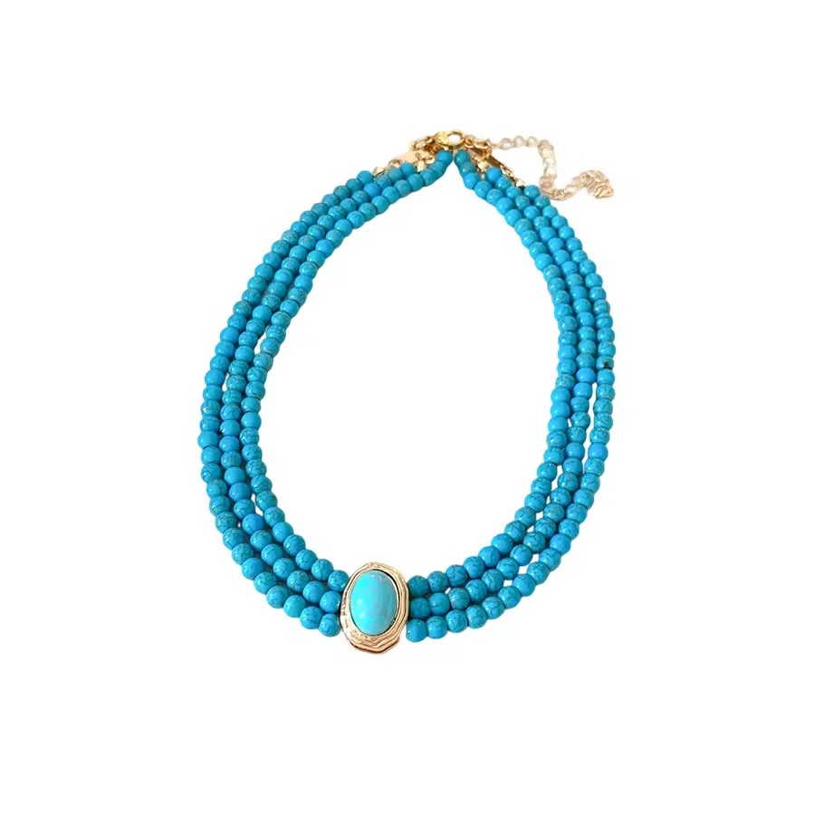 Vintage Multi-Layer Turquoise Stone Jewelry Set with Necklace Earrings Bracelet-Fashionable Bohemian & Ethnic-Style Accessories