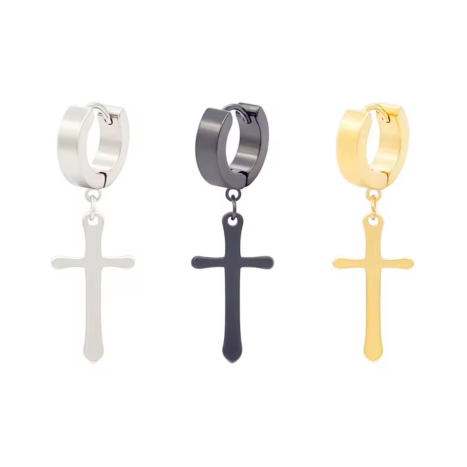 Vintage Christian Religion Stainless Steel Cross Drop Earrings for Men Women
