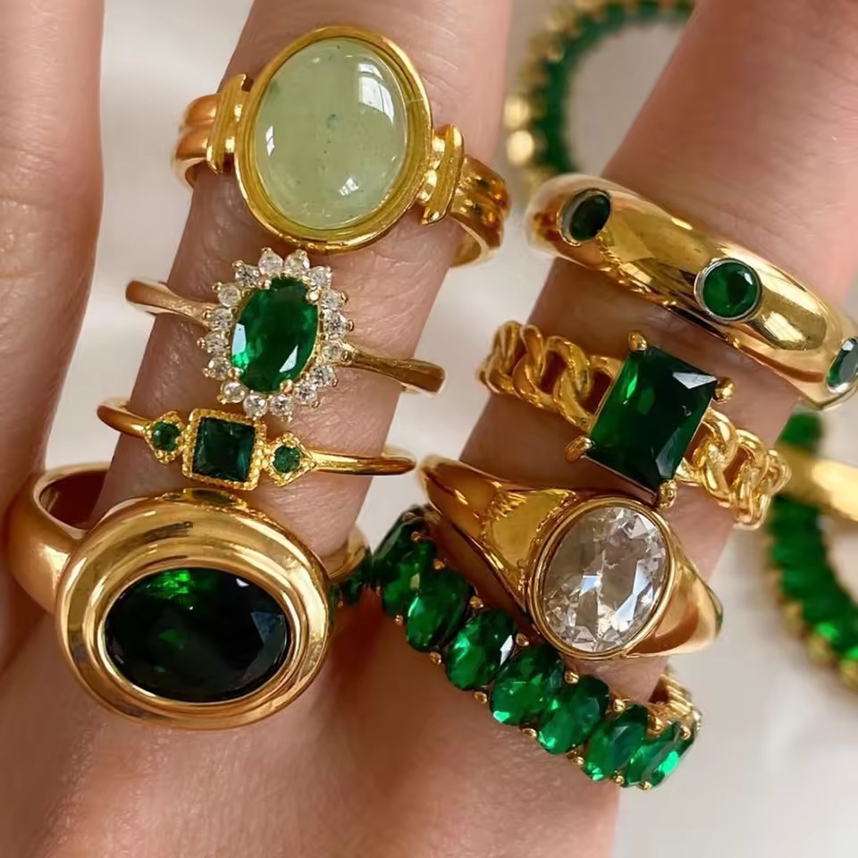 Vintage Green Zircon Stone Waterproof Fashion Wholesale Stainless Steel Rings Jewelry Women 18k Gold Plated