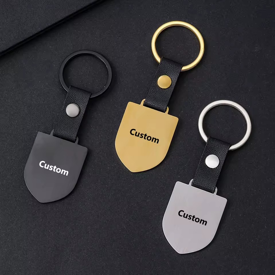 Factory Direct Sale Custom Shield Leather Stainless Steel Laser Marking Keychains