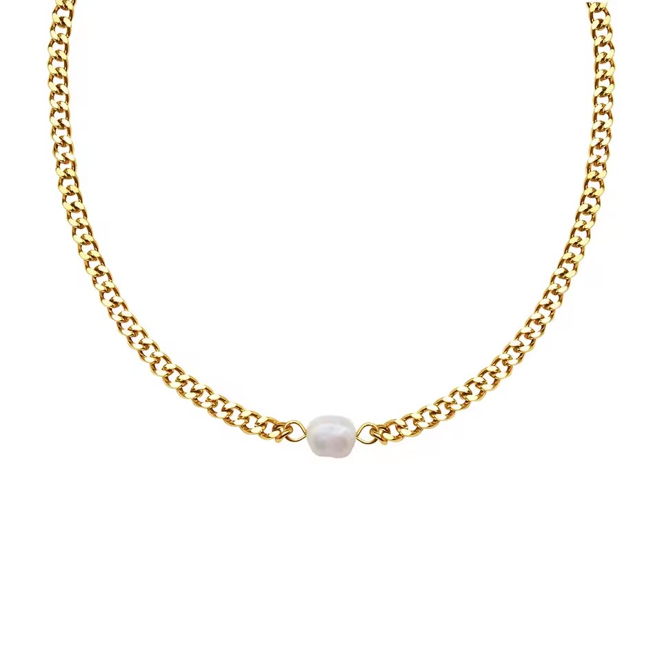 Laodun Charm PVD 18K Gold S925 Sterling Silver Cuban Chain Necklace Freshwater Pearl Chocker Necklace for Girls Vermeil