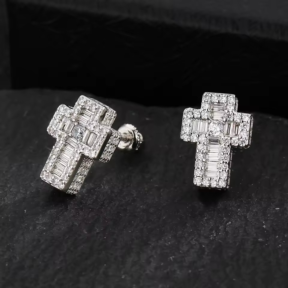 Gold Plated 5A CZ Diamond Earring Christian Men Women Trendy Jewelry Gift Religious Faith Cubic Zirconia Iced Cross Stud Earring
