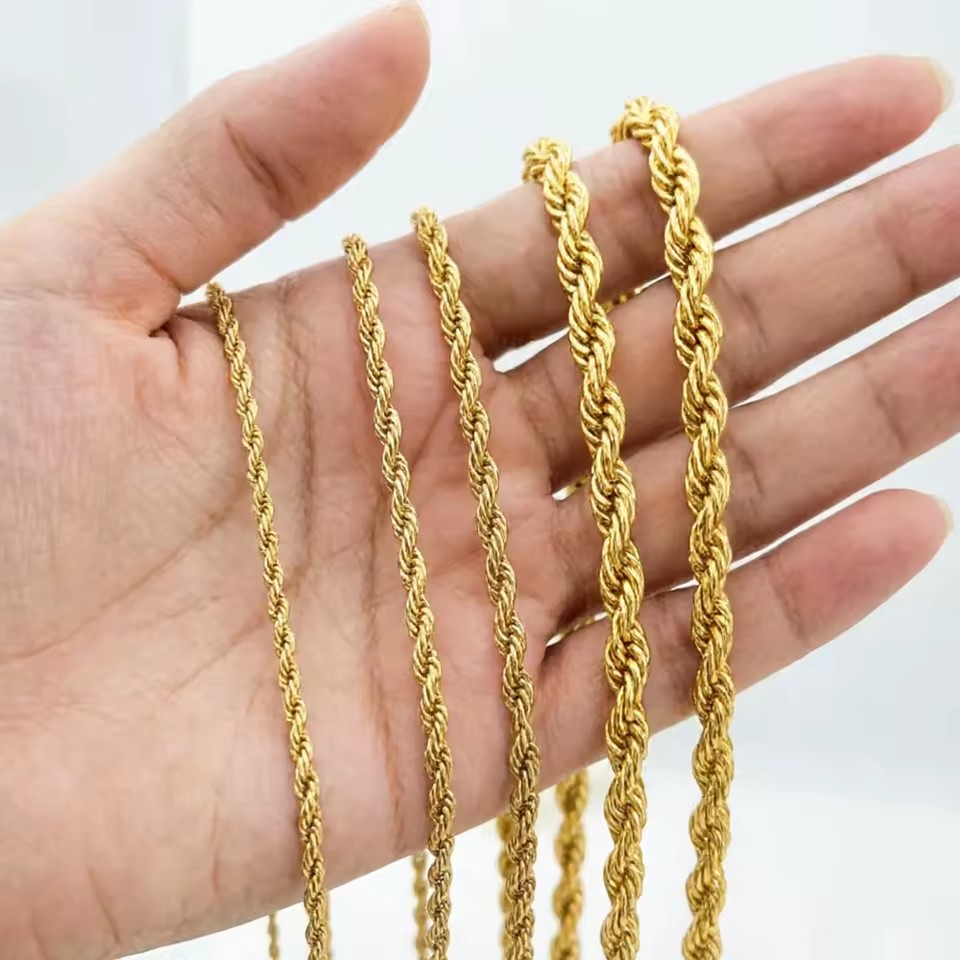 Wholesale 18K PVD Gold Plated Stainless Steel Twisted Link Chain 3mm 5mm Waterproof Non Tarnish Rope Necklace for Women Men
