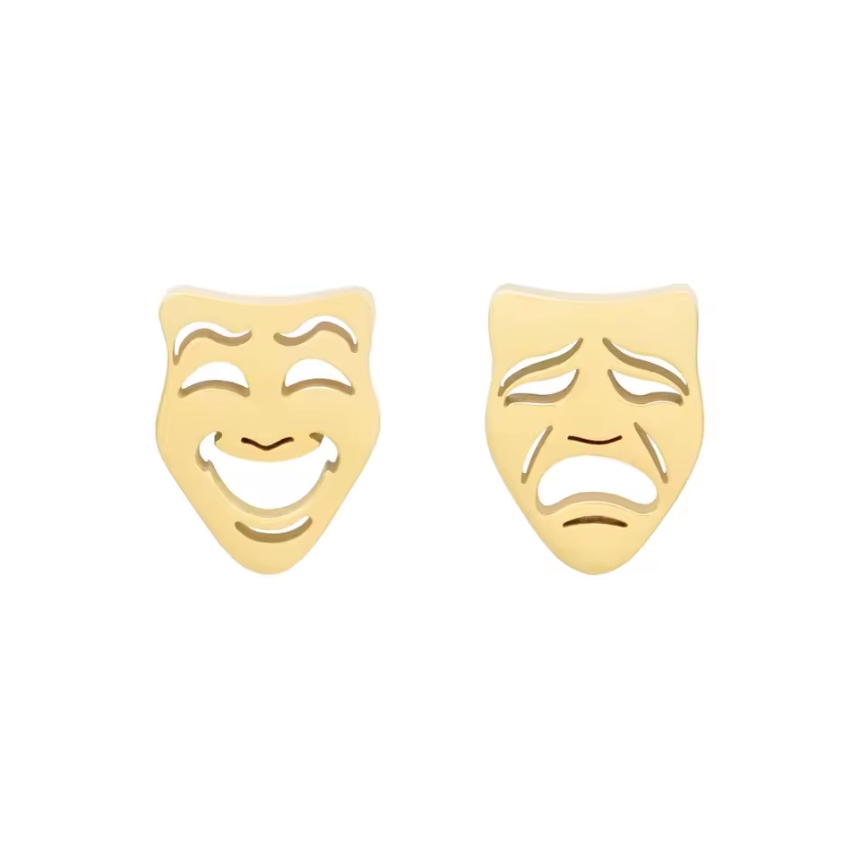 Modern Style Golden Crying and Laughing Mask Asymmetrical Earrings for Teens