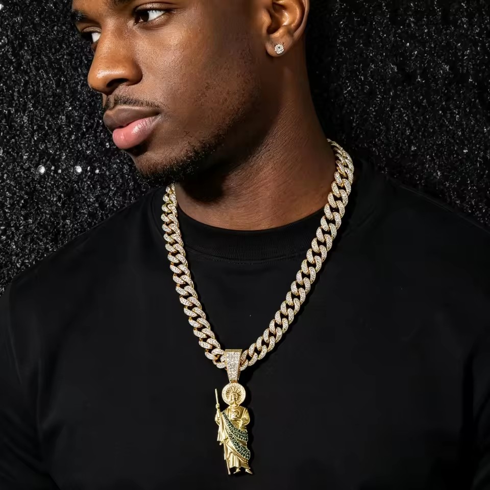 Two Tone Green White CZ Saint Jude Pendant Necklace Iced Miami Cuban Chain Hip Hop Men Jewelry