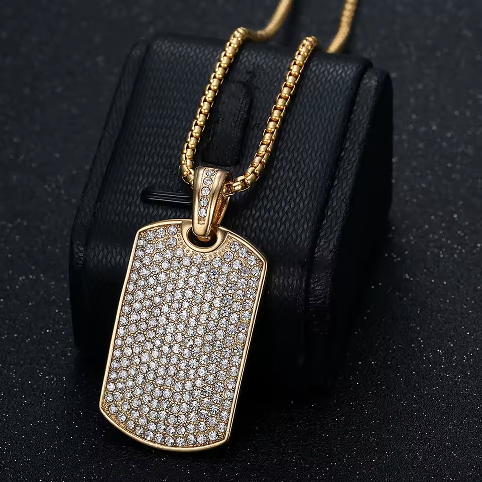 Iced Out Dog Tag Necklace 18K Gold Plated Stainless Steel Men Women Hip Hop Jewelry Gifts CZ Cubic Zirconia Pendant Necklace