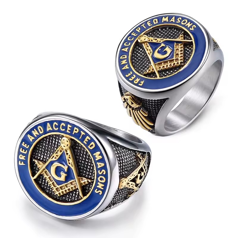 316L Stainless Steel Enamel Masonic Ring Fashion Punk Retro Titanium Steel Religious Men' s Ring Jewelry