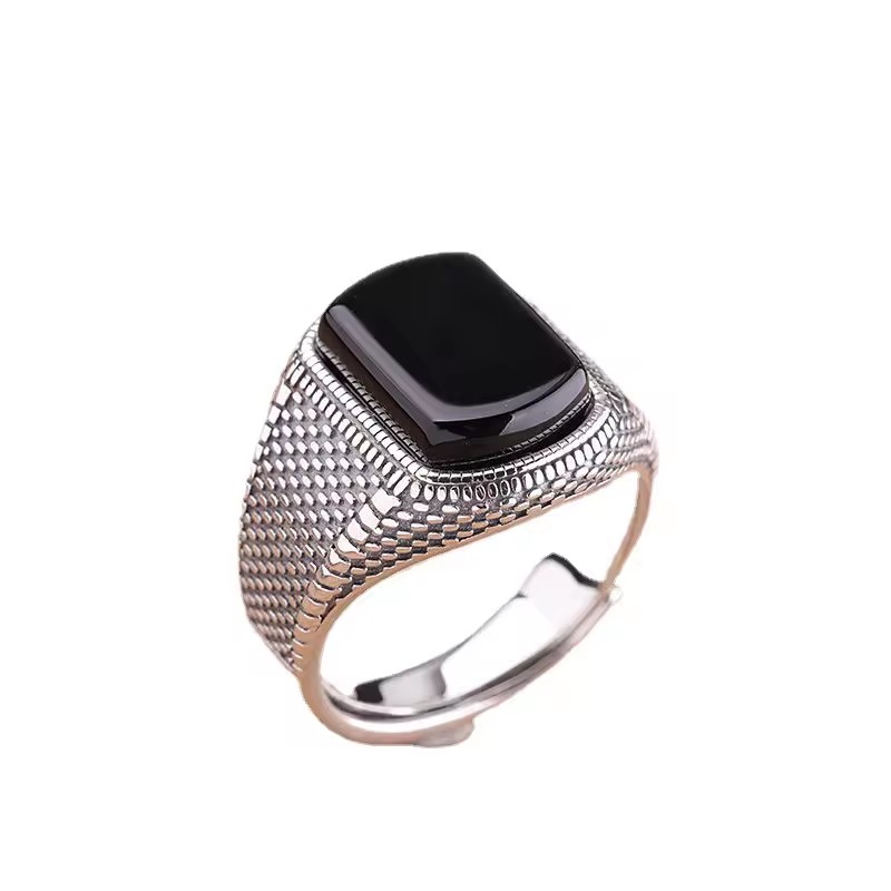 Trendy Luxury Men Silver Plated Ring Unique Design Natural Black Onyx Zircon Stone Ring