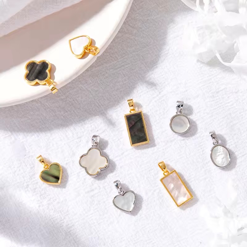 Stainless Steel Mother Pearl Pendant Heart Four-leaf Clover Rectangular Pendant Only
