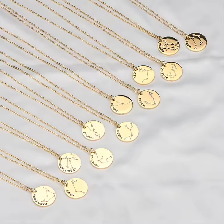 12 Zodiac Stainless Steel Pendant with CZ Stone 18K Gold Plated Non-Tarnish Custom Trendy Horoscope Astrology Charm Necklace