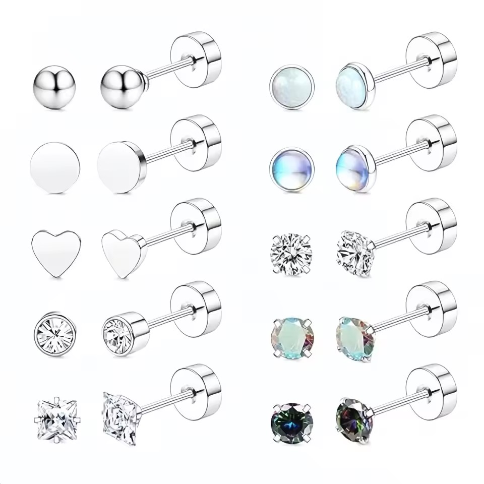 New Item Trendy Women's Daith Heart Piercing Stud Earrings Vertical Tragus Surface Stainless Steel 18K Gold Rainbow