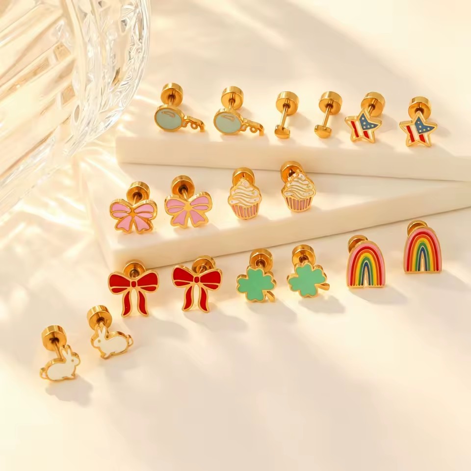 Waterproof Cute Unisex Ear Piercing Food Flat Back Hypoallergenic Stainless Steel Colorful Enamel Stud Earring Kids Jewelry