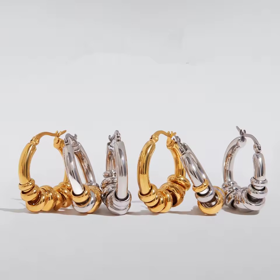 Minimalist Two Tone Stainless Steel Earring 18K PVD Gold Plated Movable Huggie Multi-ring Hoop Earrings Jewelry Waterproof