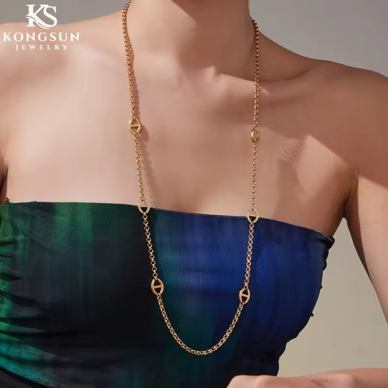 New Trendy Pig Nose Stainless Steel Charm 18K Gold Plated Long Women Link Chain Necklace Jewelry