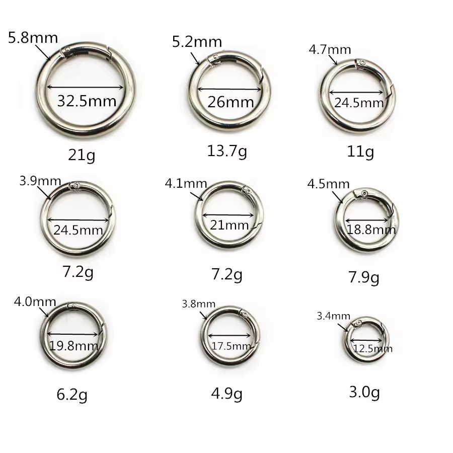 12MM-32MM Heavy Duty Metal Spring Gate O Ring Custom Plated Round Spring Carabiner for Bag Straps Keychain Ring Hardware