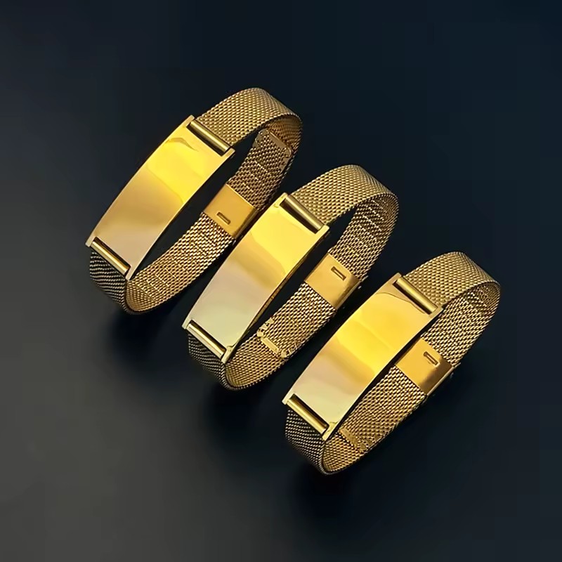 Fatingna Customized Logo 18K Gold Plated Stainless Steel Curved Engraving Trendy BANGLE Watch Strap Bracelet for Unisex