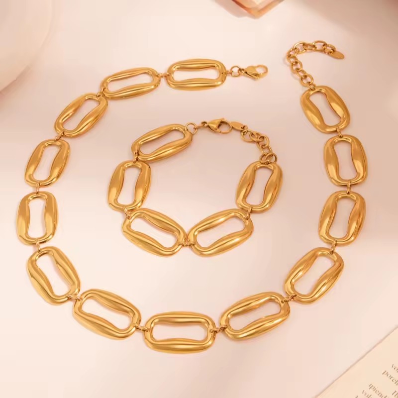 Women's Simple Geometric Hollow Shape Stainless Steel PVD Gold Plated Bracelet Necklace for Daily Wear Gift & Party Jewelry Set
