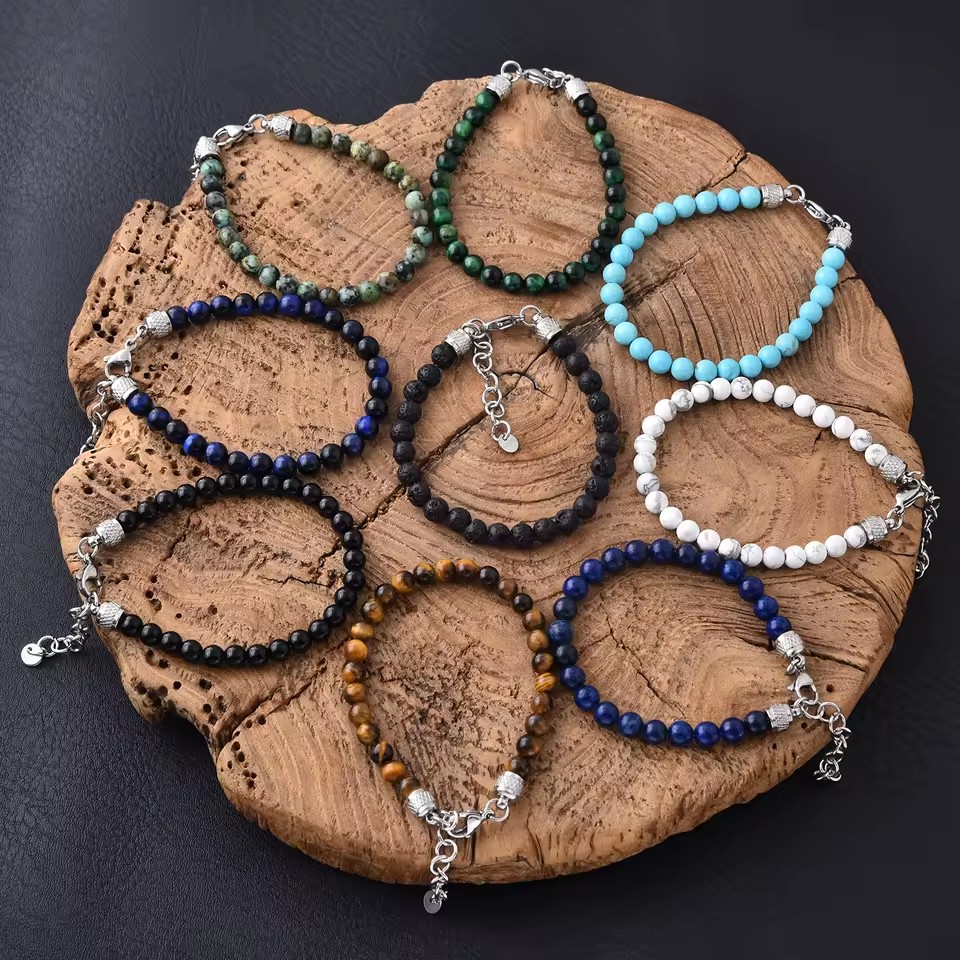 Stainless Steel Silver Plated Hiphop Style Strand Bracelets Tiger's Eye/Turquoise Beads Bracelets for Men's Anniversary Occasion