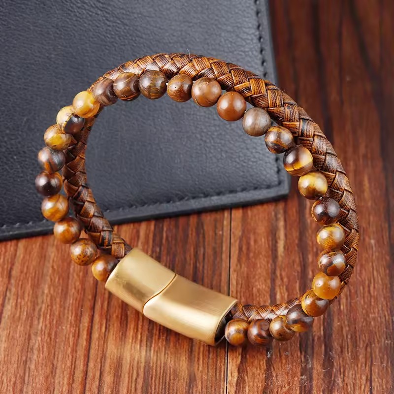 Fashion Jewelry Factory Natural Tiger Eye Stone Beaded Braided Chain Magnetic Buckle Stainless Steel Leather Bracelet Men's Gift